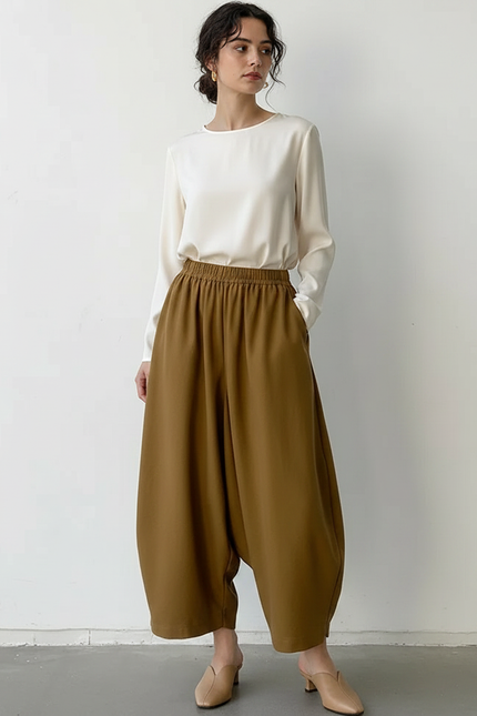 Pantalon Fluide Marron Ample Décontracté Harem Coton - Viscose