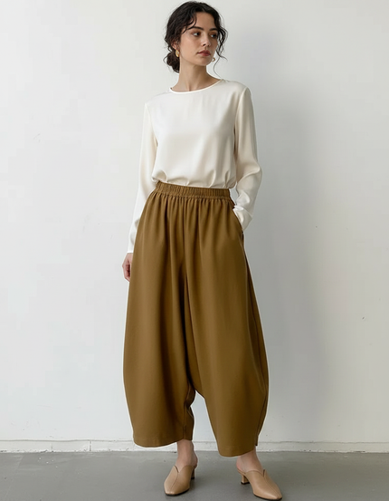 Pantalon Fluide Marron Ample Décontracté Harem Coton - Viscose