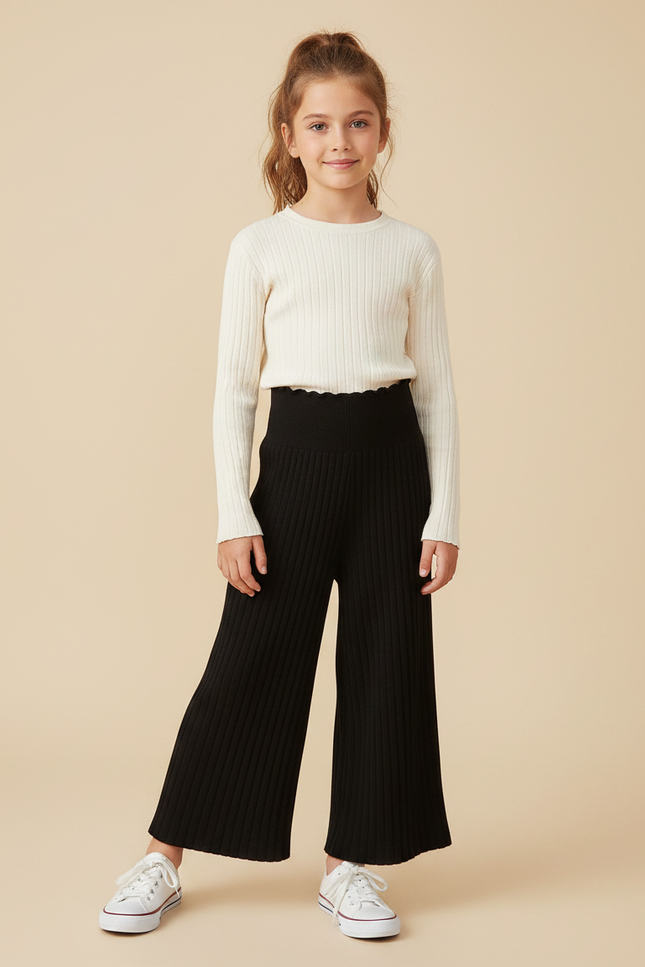 Pantalon Fluide Noir Côtelé Ample Tricoté Hiver Fille - Maille