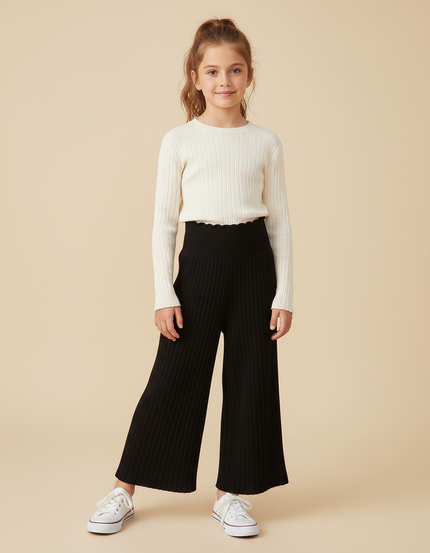 Pantalon Fluide Noir Côtelé Ample Tricoté Hiver Fille - Maille