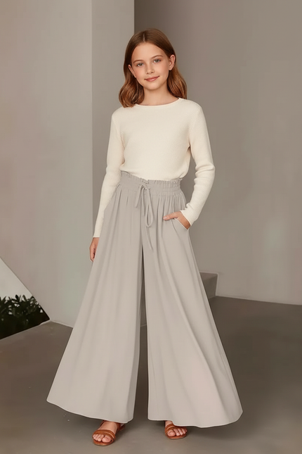 Pantalon Fluide Gris Ample Taille Haute Enfant - Viscose