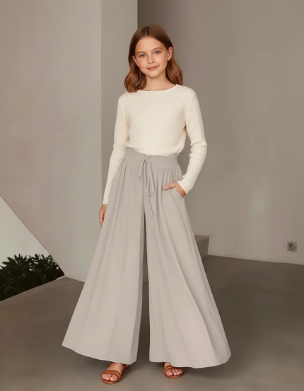 Pantalon Fluide Gris Ample Taille Haute Enfant - Viscose