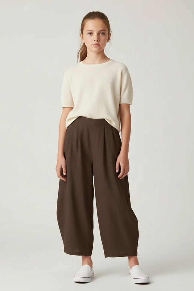 Pantalon Fluide Marron Ample Coton Décontracté Fille