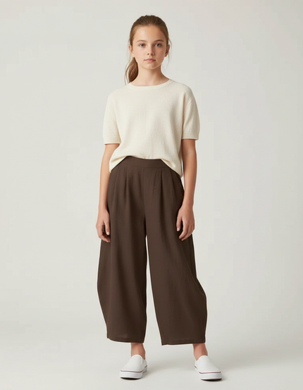 Pantalon Fluide Marron Ample Coton Décontracté Fille