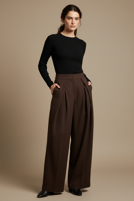 Pantalon Fluide Marron Plissé Ample Chic Femme - Gabardine