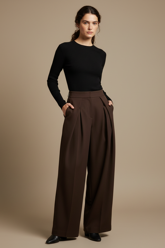 Pantalon Fluide Marron Plissé Ample Chic Femme - Gabardine