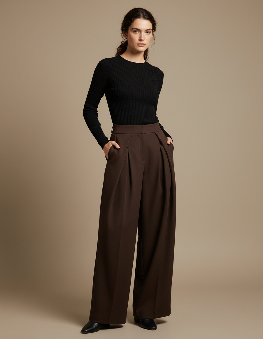 Pantalon Fluide Marron Plissé Ample Chic Femme - Gabardine