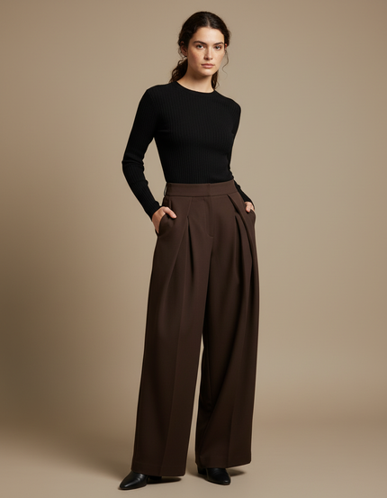 Pantalon Fluide Marron Plissé Ample Chic Femme - Gabardine