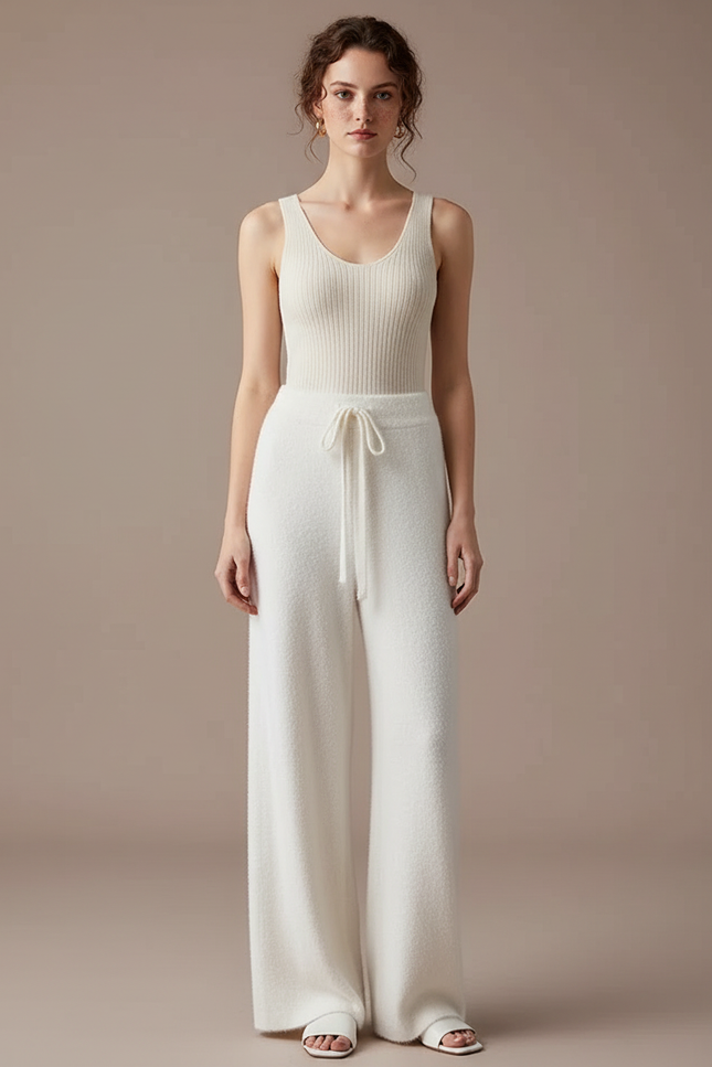 Pantalon Fluide Blanc Ample Tricoté Cordon Doux - Maille
