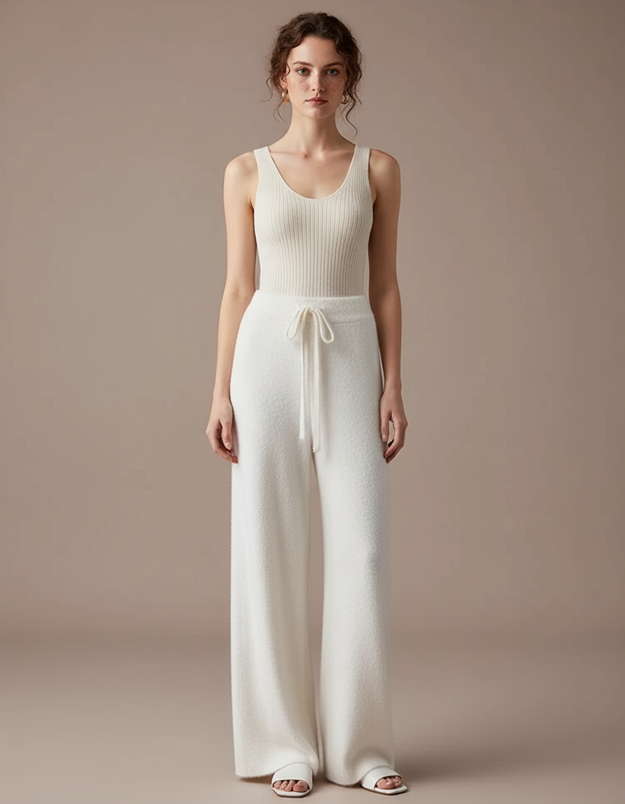 Pantalon Fluide Blanc Ample Tricoté Cordon Doux - Maille