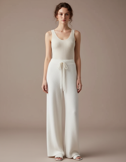 Pantalon Fluide Blanc Ample Tricoté Cordon Doux - Maille