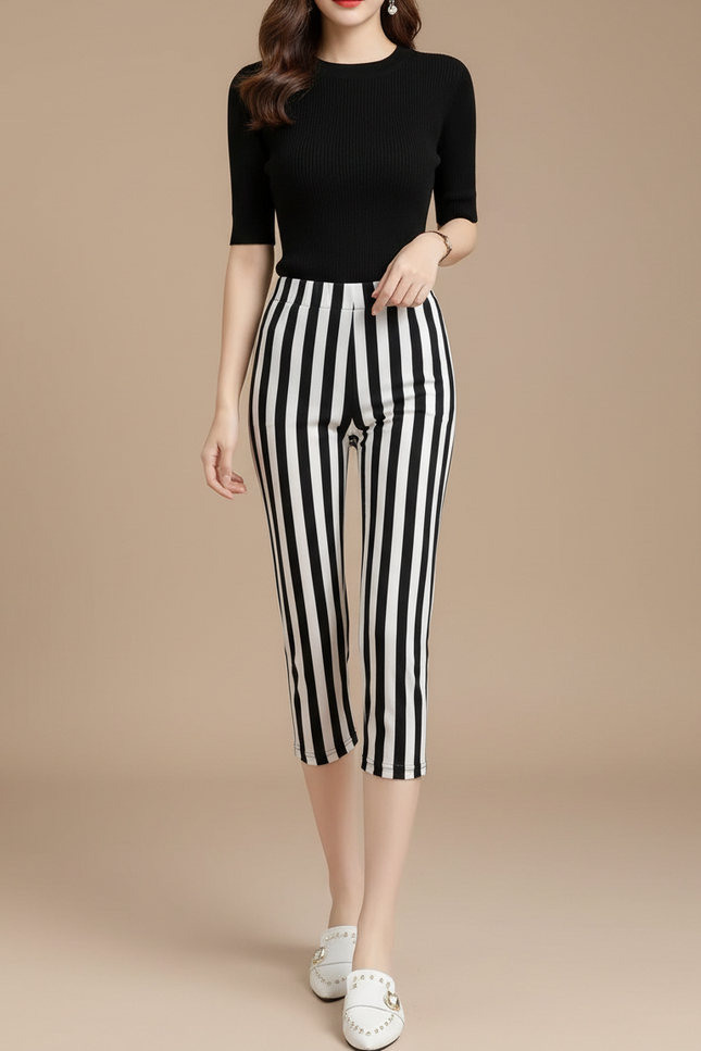 Pantalon Fluide Rayé Noir Blanc Capris Élastique - Imprimé Maille