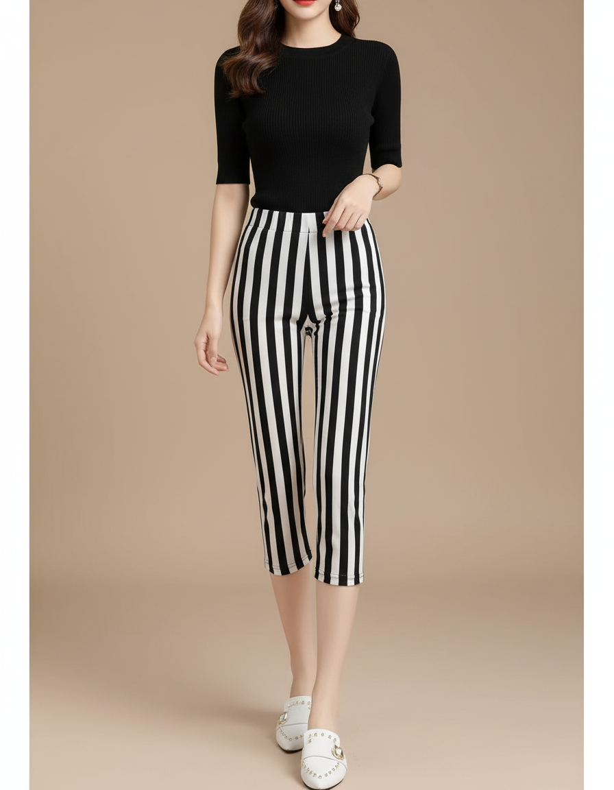 Pantalon Fluide Rayé Noir Blanc Capris Élastique - Imprimé Maille