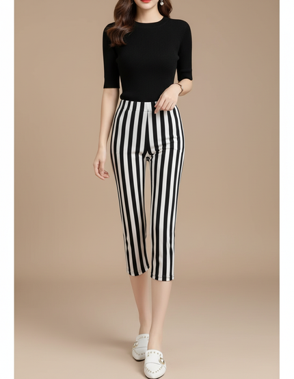 Pantalon Fluide Rayé Noir Blanc Capris Élastique - Imprimé Maille