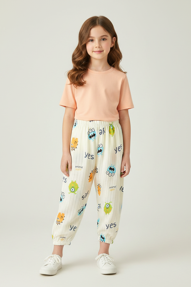 Pantalon Fluide Écru Rayé Imprimé Monstres Coton Ample