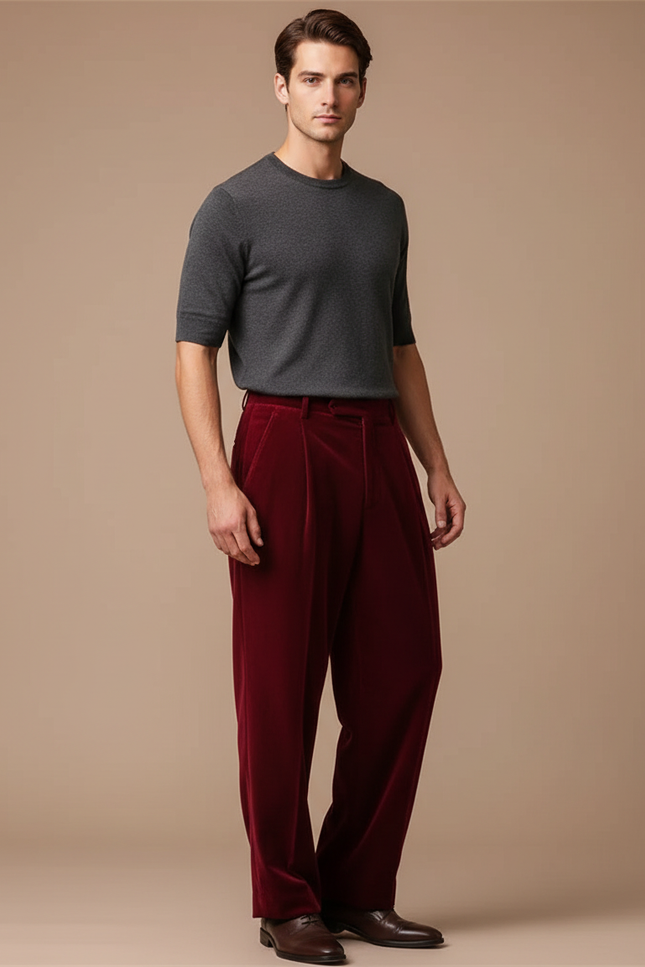 Pantalon Fluide Velours Bordeaux Plissé Ample Homme