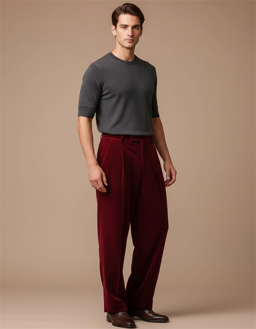 Pantalon Fluide Velours Bordeaux Plissé Ample Homme
