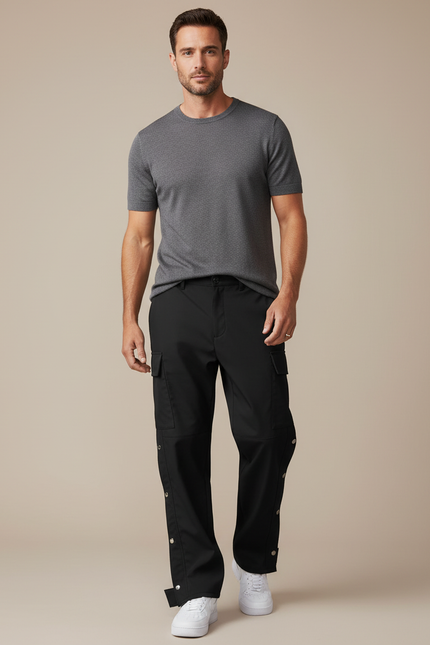 Pantalon Fluide Noir Cargo Boutons Pression Décontracté Homme - Polyester