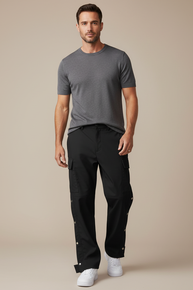 Pantalon Fluide Noir Cargo Boutons Pression Décontracté Homme - Polyester