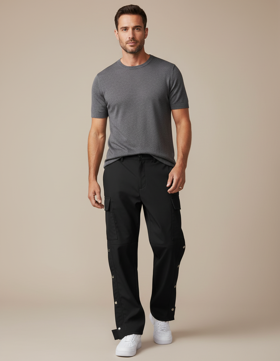 Pantalon Fluide Noir Cargo Boutons Pression Décontracté Homme - Polyester