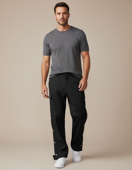 Pantalon Fluide Noir Cargo Boutons Pression Décontracté Homme - Polyester