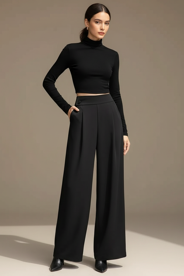 Pantalon Fluide Noir Ample Taille Haute Femme - Viscose