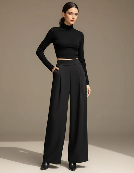 Pantalon Fluide Noir Ample Taille Haute Femme - Viscose