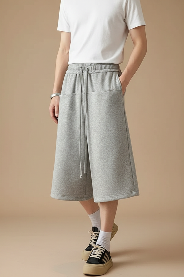 Pantalon Fluide Gris Ample Cordon Décontracté Mi-Mollet Homme - Molleton