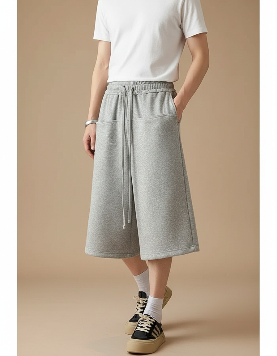 Pantalon Fluide Gris Ample Cordon Décontracté Mi-Mollet Homme - Molleton