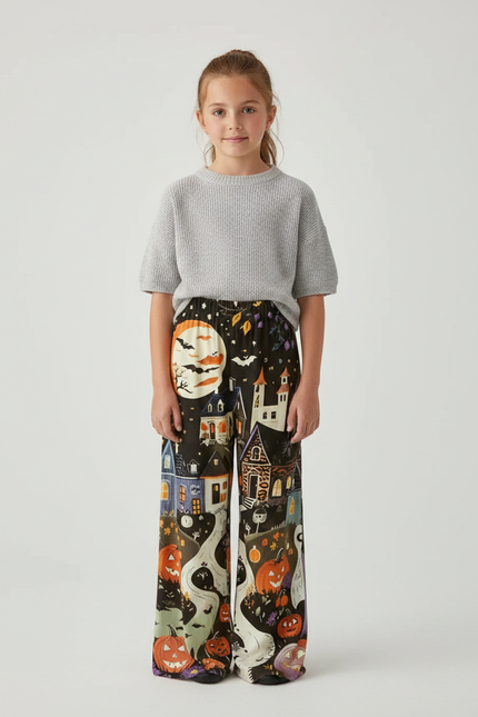 Pantalon Fluide Halloween Ample Motif Fantôme Citrouille Enfant - Multicolore Satin