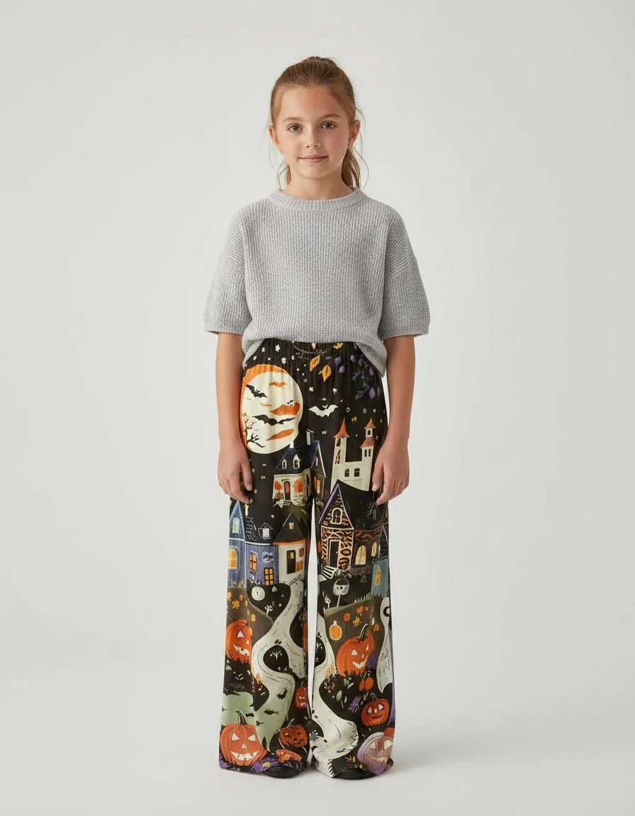 Pantalon Fluide Halloween Ample Motif Fantôme Citrouille Enfant - Multicolore Satin