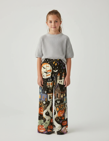Pantalon Fluide Halloween Ample Motif Fantôme Citrouille Enfant - Multicolore Satin