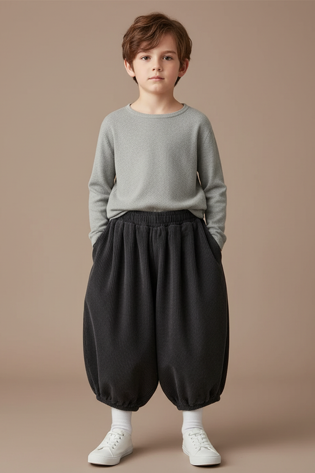 Pantalon Fluide Côtelé Gris Ample Rétro Enfant - Cordé