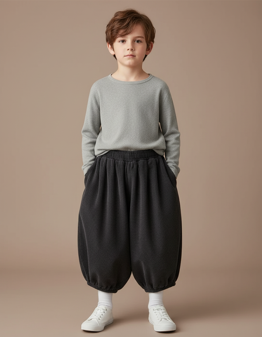 Pantalon Fluide Côtelé Gris Ample Rétro Enfant - Cordé