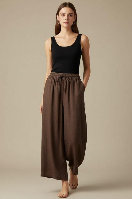 Pantalon Fluide Marron Ample Lin Cordon Décontracté