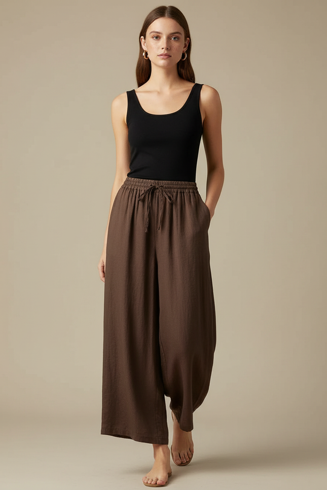 Pantalon Fluide Marron Ample Lin Cordon Décontracté