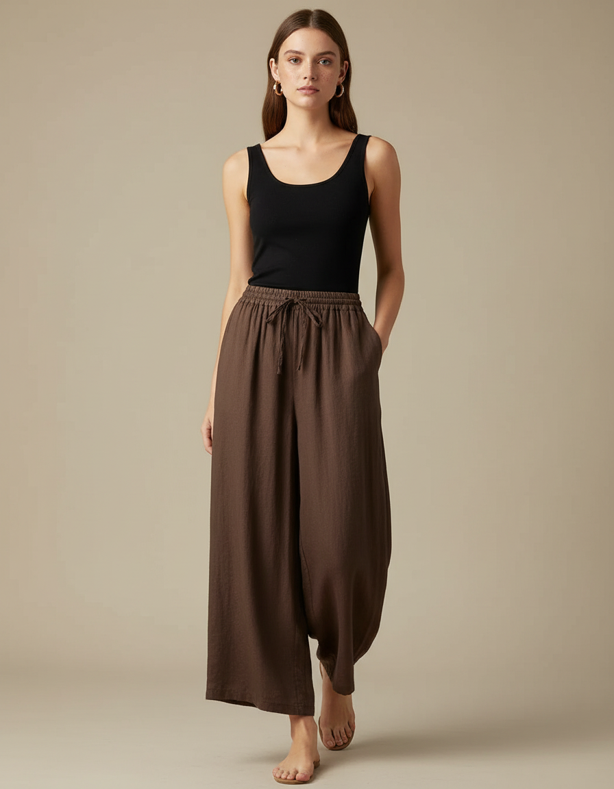 Pantalon Fluide Marron Ample Lin Cordon Décontracté