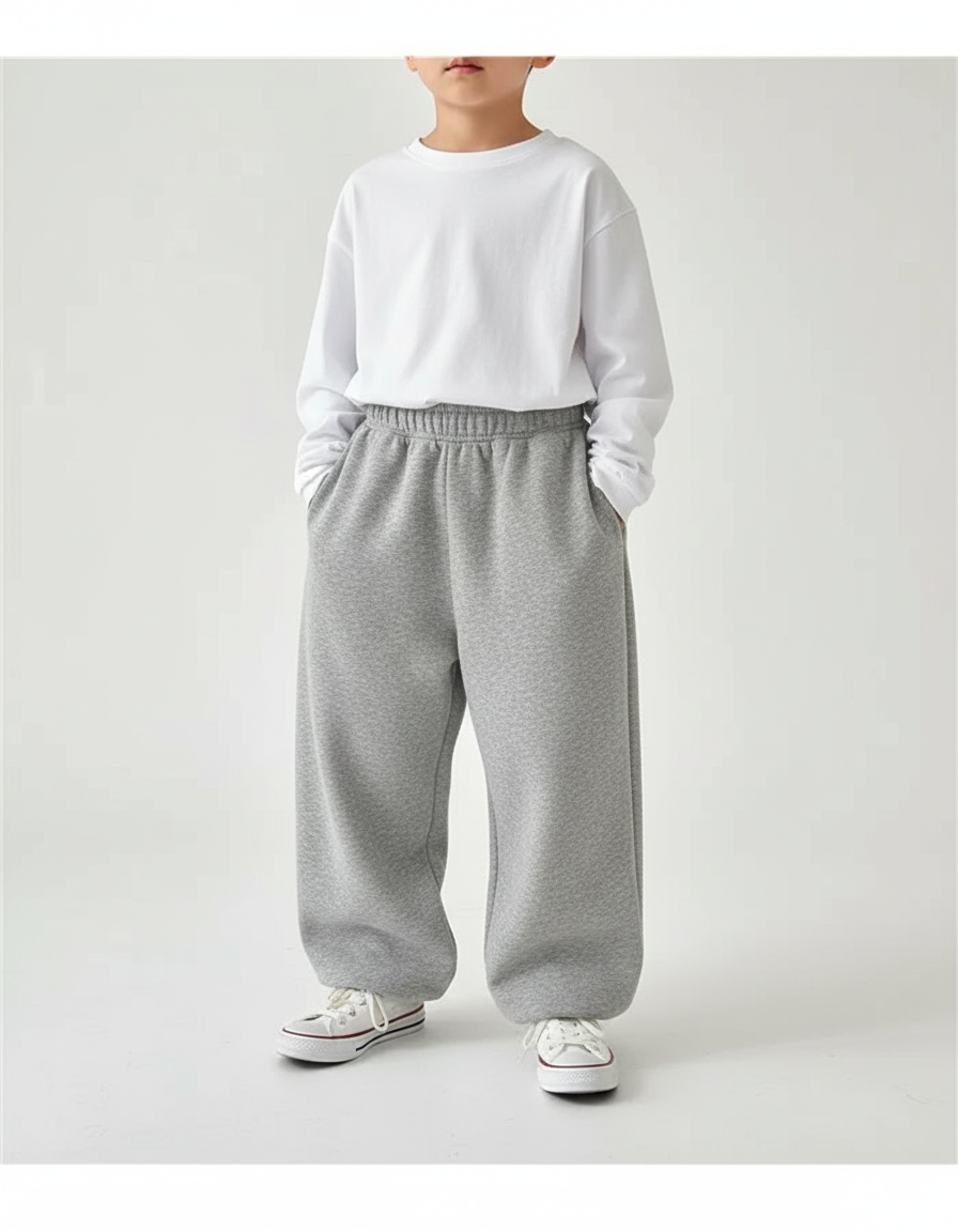 Pantalon Fluide Gris Ample Molletonné Décontracté Enfant
