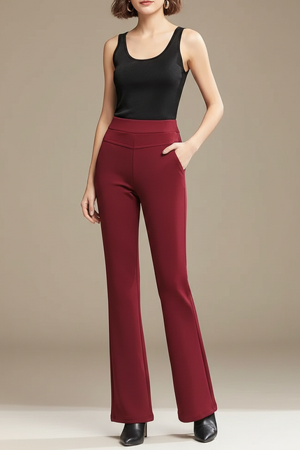 Pantalon Fluide Évasé Bordeaux Taille Haute Élégant Femme - Polyester