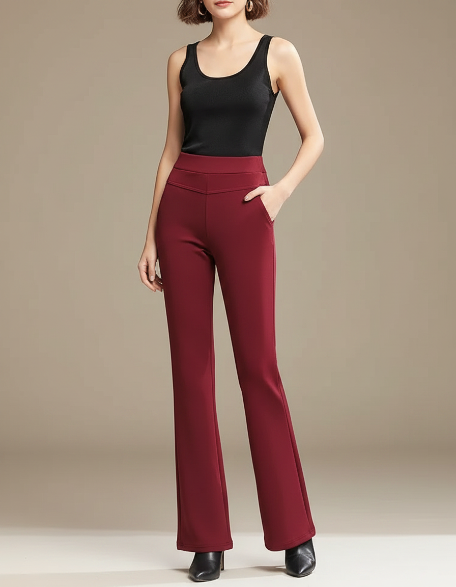 Pantalon Fluide Évasé Bordeaux Taille Haute Élégant Femme - Polyester