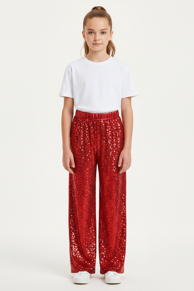 Pantalon Fluide Rouge Pailleté Ample Large Enfant - Polyester