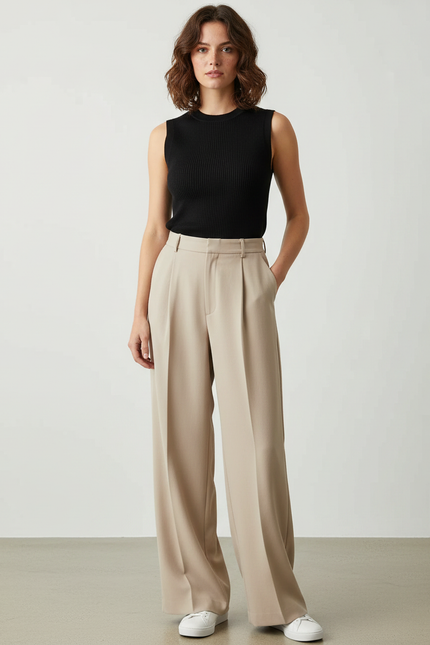 Pantalon Fluide Beige Plissé Ample Élégant Femme - Polyester