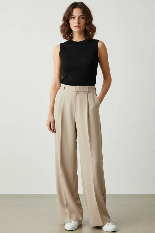 Pantalon Fluide Beige Plissé Ample Élégant Femme - Polyester