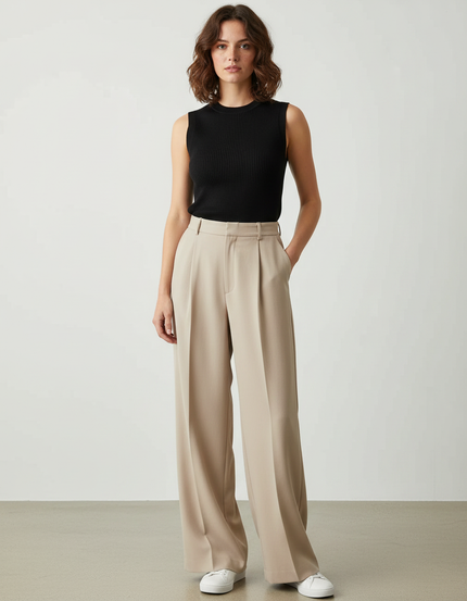 Pantalon Fluide Beige Plissé Ample Élégant Femme - Polyester
