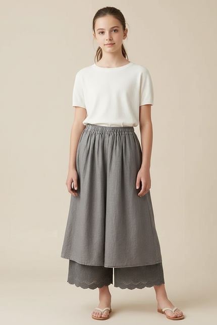 Pantalon Fluide Gris Ample Superposé Brodé Fille - Lin