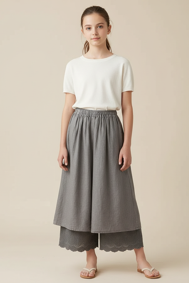Pantalon Fluide Gris Ample Superposé Brodé Fille - Lin
