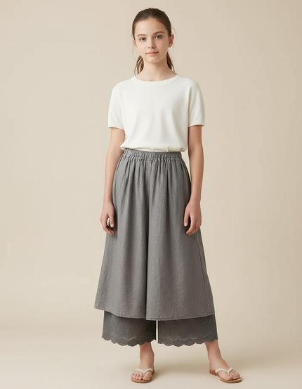 Pantalon Fluide Gris Ample Superposé Brodé Fille - Lin