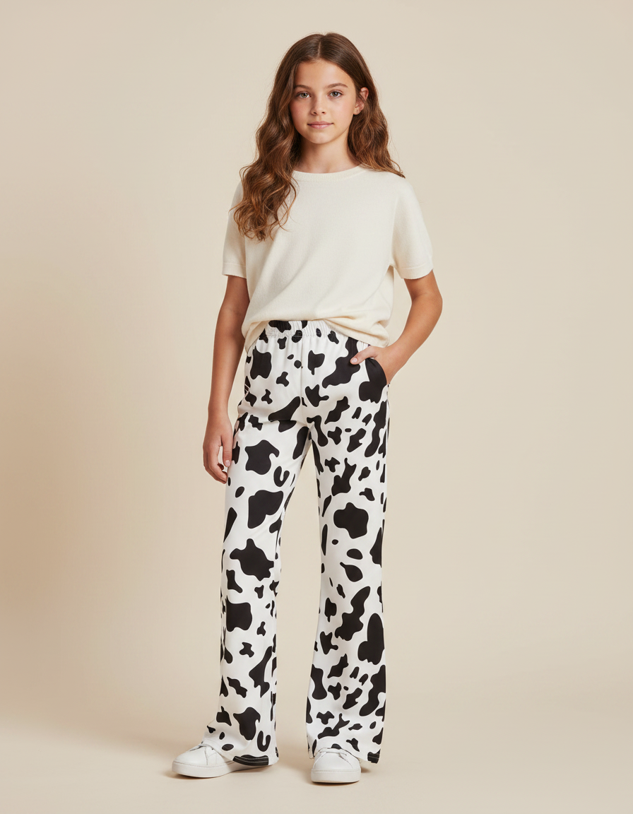Pantalon Fluide Noir Blanc Motif Vache Évasé Fille - Imprimé Molleton
