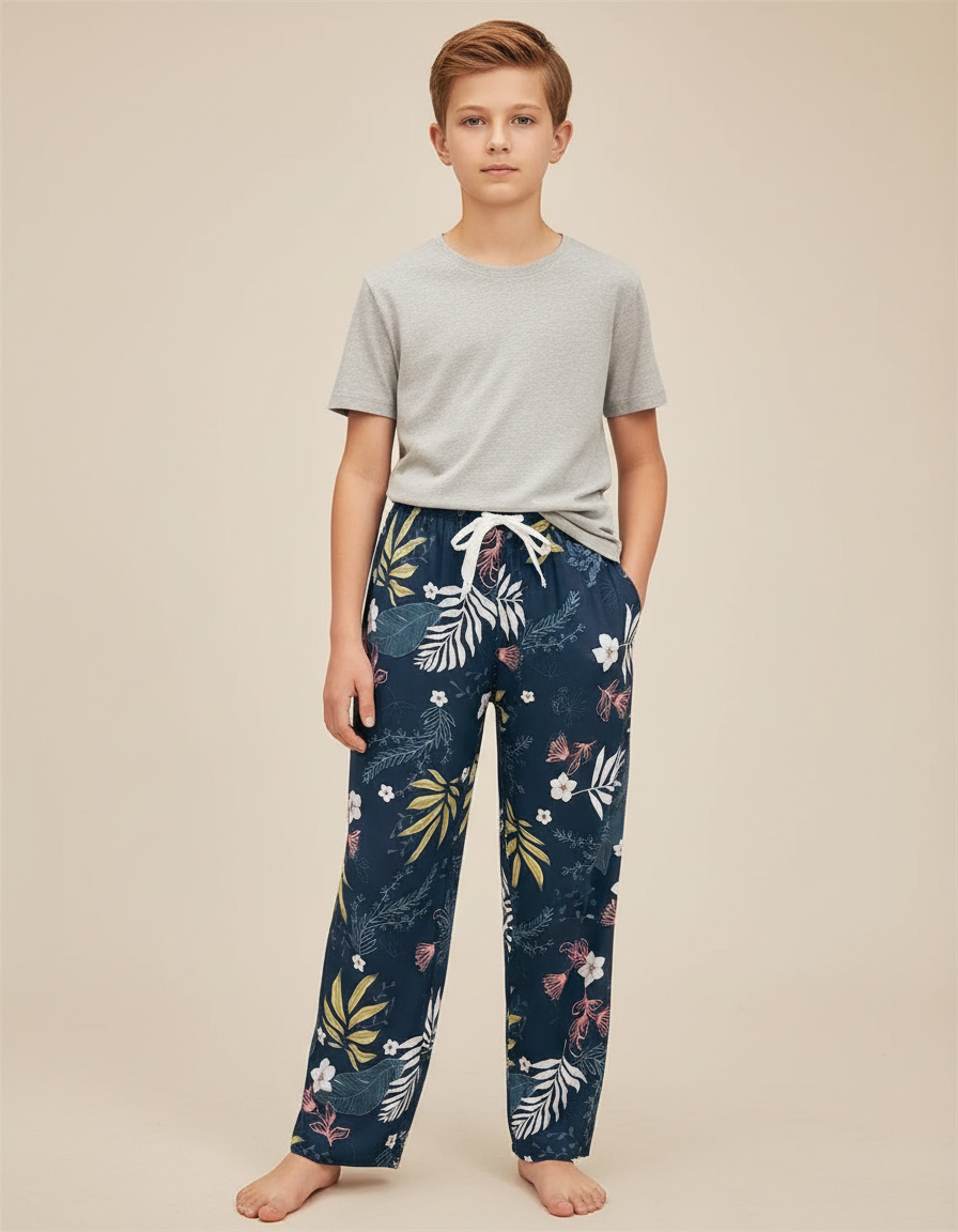 Pantalon Fluide Imprimé Floral Bleu Marine Ample Viscose