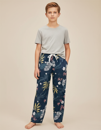 Pantalon Fluide Imprimé Floral Bleu Marine Ample Viscose